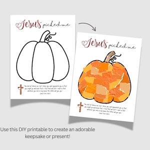 K&ouml;nnte beinhalten: Zwei druckbare Kunstwerke mit K&uuml;rbisthema. Eines ist eine K&uuml;rbiskontur, das andere ein fertiger K&uuml;rbis mit orangefarbenen Papierst&uuml;cken. Der Text "Jesus picked me" steht oben. Ein Kreuz und ein Bibelvers stehen unten.