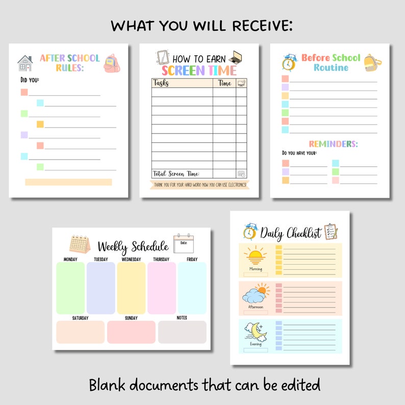 May include: A set of printable checklists and schedules for children. The colourful pages include sections for after school rules, how to earn screen time, before school routine, a weekly schedule, and a daily checklist.