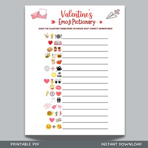 Valentine&#39;s Day Emoji Pictionary Game Printable, Fun Emoji Game for Adults & Kids, Party Game, Galentines Day Game, Valentines Day Activity