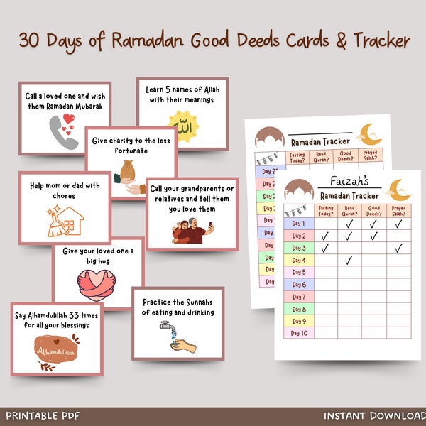 30 Ramadan Good Deeds Cards Printable, Ramadan Advent Cards, Kids Fasting Chart Tracker, Ramadan Activity for Kids, Daily Ramadan Tracker