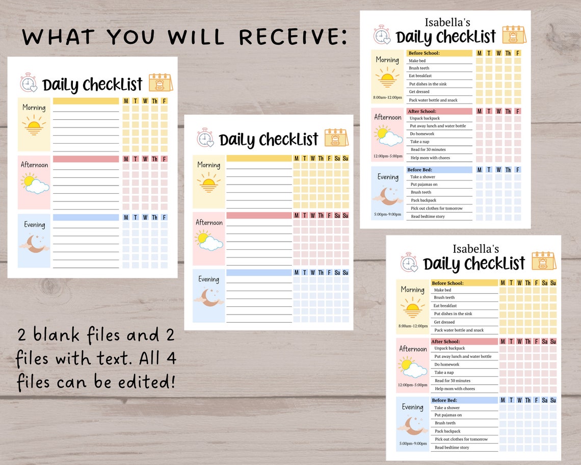 Kids Daily School Checklist Schedule Printable Editable Chore - Etsy