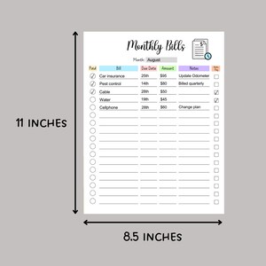 May include: A printable monthly bill tracker with a checklist, due date, amount, and notes columns. The tracker is designed for August and includes a section for paid bills.