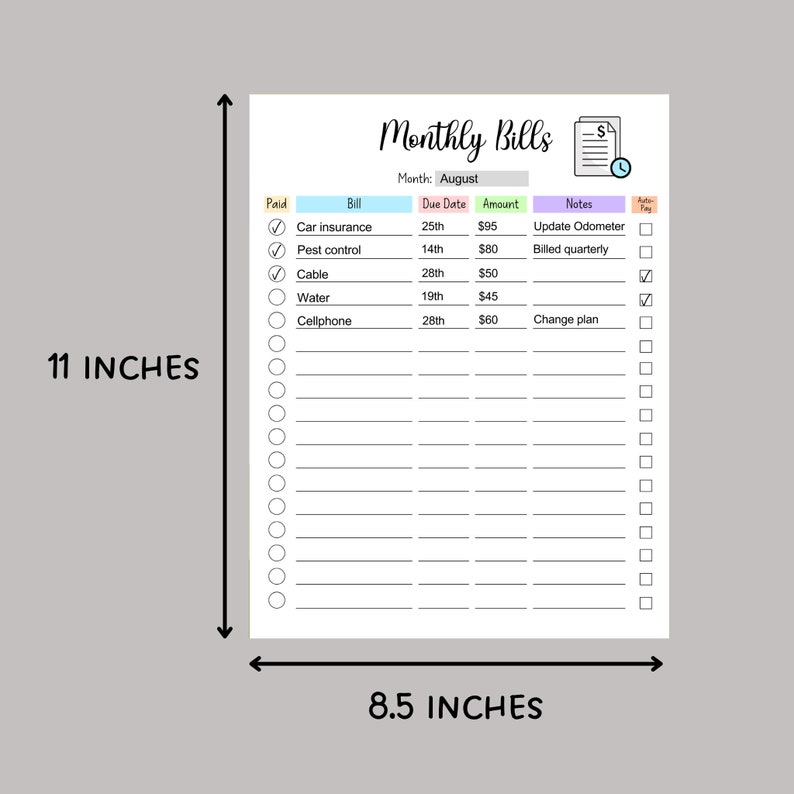 May include: A printable monthly bill tracker with a checklist, due date, amount, and notes columns. The tracker is designed for August and includes a section for paid bills.