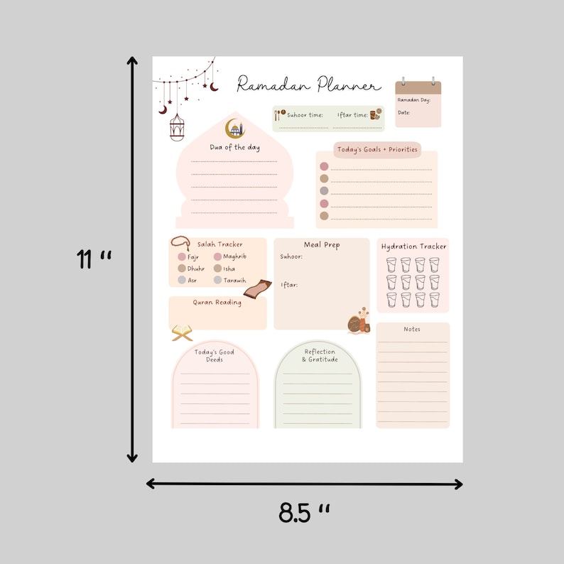 May include: A printable Ramadan planner with sections for daily goals, meal prep, hydration tracking, and reflection. The planner is 8.5 inches by 11 inches and features a light pink and green color scheme with illustrations of a mosque, crescent moon, and other Islamic symbols.
