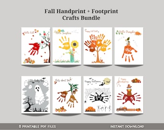 May include: A collection of eight printable PDF files featuring handprint and footprint crafts with fall and Halloween themes. Designs include trees, pumpkins, ghosts, and turkeys, with text like "Hello Fall" and "Happy Halloween".