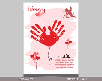 February Handprint Footprint Crafts Printable, DIY Art Kids Preschool Activity, Valentines Monthly Keepsakes Baby Toddler PreK Kindergarten