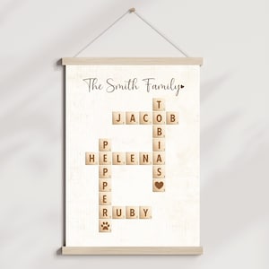 Custom Family Name Sign Printable, Personalized Crossword Scrabble Letter Tile Puzzle for Wife Mom Dad Grandma Wall Art Decor Holiday Gift