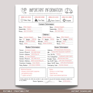 Emergency Contact Information Sheet, Babysitter Info Sheet, Emergency Contact Form For Nanny, Important Info Childcare Notes Printable PDF