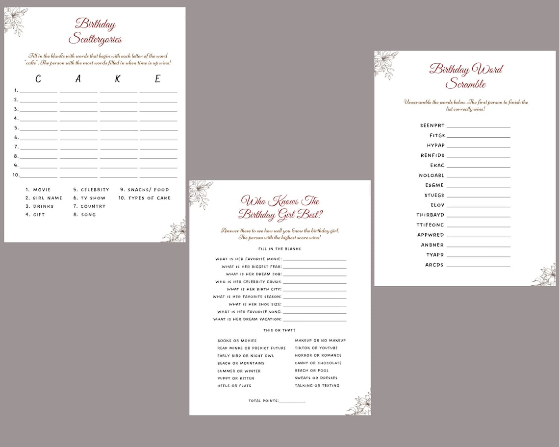 Birthday Games for Her Printable Womens Birthday Party Games - Etsy