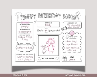 Página para colorear de Feliz Cumpleaños Mamá, imprimible, regalo personalizado para niños, tarjeta Todo sobre Mamá, mantel individual, hoja de actividades, cuestionario para madres