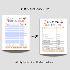 May include: A printable checklist for earning screen time. The checklist has two columns, one for tasks and one for time. The tasks include making the bed, brushing teeth and hair, getting dressed, eating breakfast, putting dishes in the dishwasher, reading for 20 minutes, doing one act of kindness, spending 30 minutes outside, and cleaning one room. The time allotted for each task is listed in minutes. The total screen time is 105 minutes.