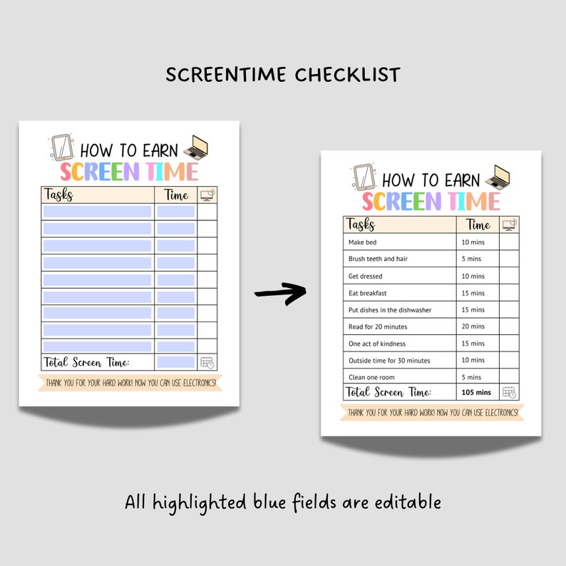May include: A printable checklist for earning screen time. The checklist has two columns, one for tasks and one for time. The tasks include making the bed, brushing teeth and hair, getting dressed, eating breakfast, putting dishes in the dishwasher, reading for 20 minutes, doing one act of kindness, spending 30 minutes outside, and cleaning one room. The time allotted for each task is listed in minutes. The total screen time is 105 minutes.