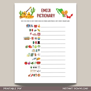 Jogo de Pictionary Emoji Cinco de Mayo para impressão, jogo de festa mexicano divertido para adultos e crianças, festa de trabalho no escritório, jogo de festa em família, jogo de sala de aula