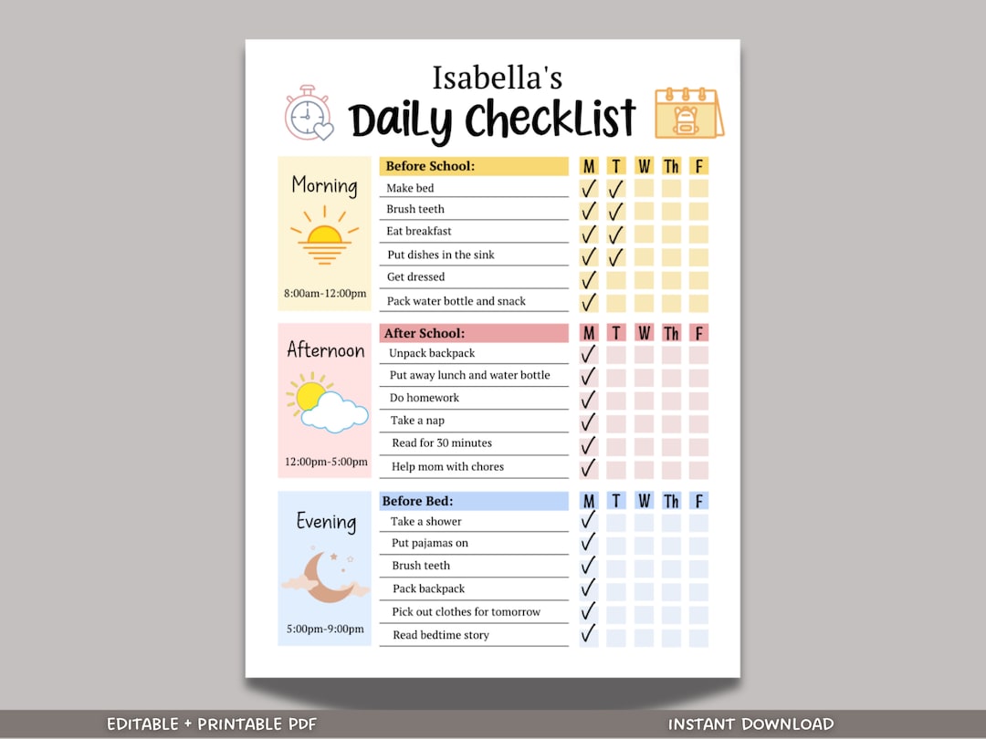 Kids Daily School Checklist Schedule Printable, Editable Chore Chart ...