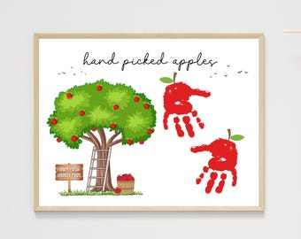 Fall Handprint Craft Printable, Autumn Apples DIY Art Sign for Kids Baby Infant Toddler Preschool Pre K Class Activity Daycare Keepsake Gift
