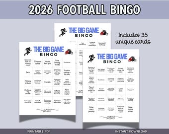2026 Football Bingo The Big Game Family Watch Party Tailgate Printable Activity Adults & Kids
