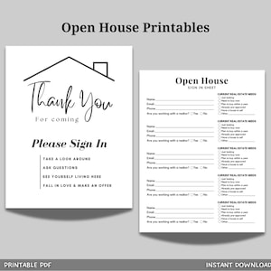 May include: Black and white printable open house sign-in sheet with a house icon and the text "Thank You for coming" and "Please Sign In". The sign-in sheet includes fields for name, email, phone, and whether the person is working with a realtor. It also includes a section for current real estate needs with checkboxes for different options.
