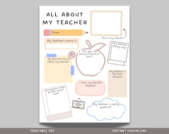 All About My Teacher Printable, Teacher Appreciation Week, Thank You Teacher Gift, End of School Teacher Gift, Teacher Questionnaire Survey