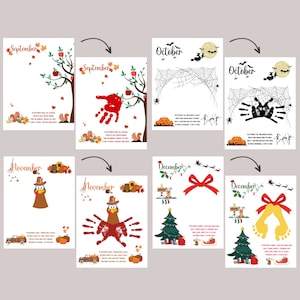 May include: Six printable handprint art pages for each month of the fall season. The pages feature a red handprint on an apple tree for September, a black handprint on a spiderweb for October, a brown handprint on a turkey for November, and a yellow footprint on a Christmas tree for December. Each page includes a short description of the month and a space for the child's name and age.