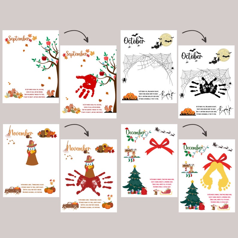 May include: Six printable handprint art pages for each month of the fall season. The pages feature a red handprint on an apple tree for September, a black handprint on a spiderweb for October, a brown handprint on a turkey for November, and a yellow footprint on a Christmas tree for December. Each page includes a short description of the month and a space for the child's name and age.