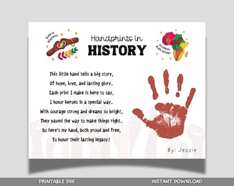 Black History Month Handprint Craft Printable, DIY Poem Art Kids Activity Keepsake Baby Toddler PreK Preschool Kindergarten 1st Grade Ideas