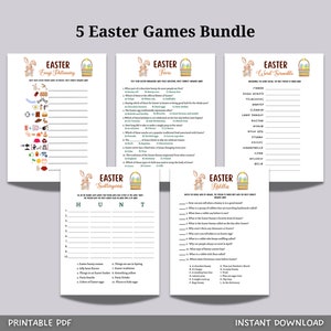 May include: A printable PDF bundle of five Easter games. The games include a word scramble, a trivia game, a scavenger hunt, a word search, and a picture dictionary. Each game features a cute bunny illustration and a basket of Easter eggs.