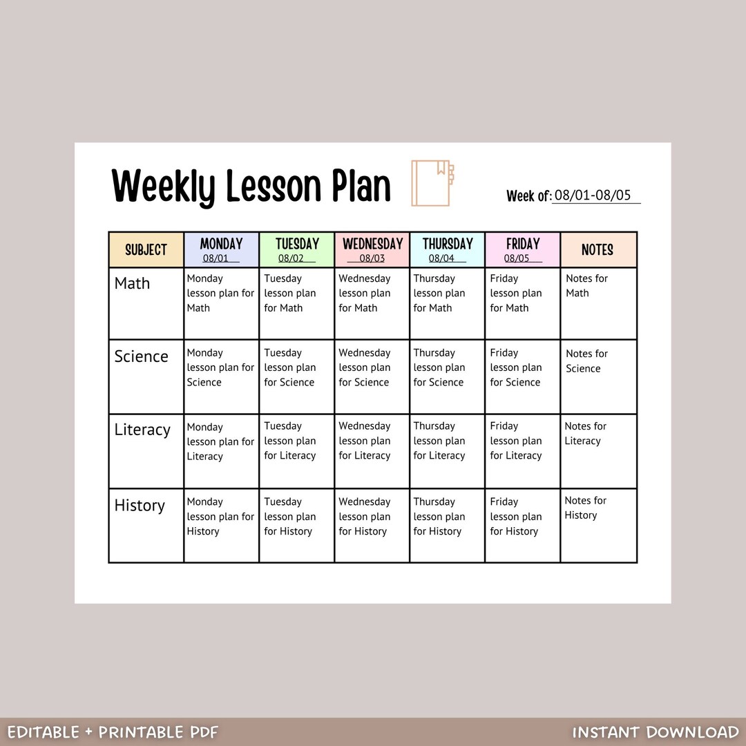 Weekly Lesson Plan Printable, Editable Weekly School Schedule, Simple ...