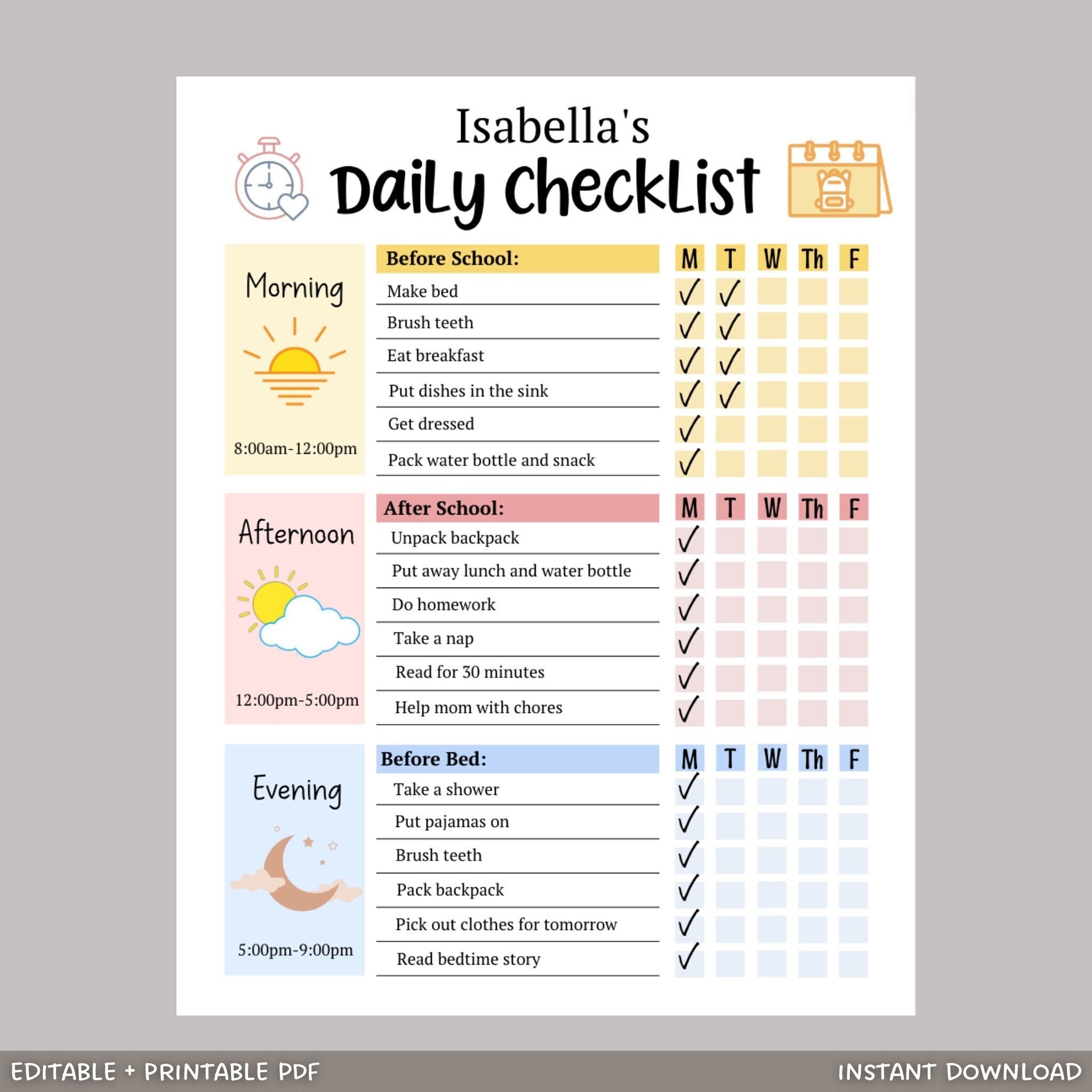 Kids Daily School Checklist Schedule Printable, Editable Chore