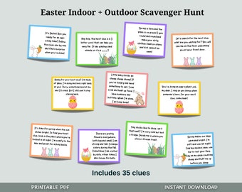 May include: A printable PDF download of 35 Easter scavenger hunt clues featuring colorful illustrations of chicks, bunnies, and eggs. The clues are written in a fun and engaging way, perfect for an indoor or outdoor Easter egg hunt.
