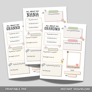 Sondage Tout sur ma grand-mère à imprimer, questionnaire Tout sur ma grand-mère, cadeau d&#39;enfants pour la fête des grands-parents, souvenir personnalisé pour grand-mère