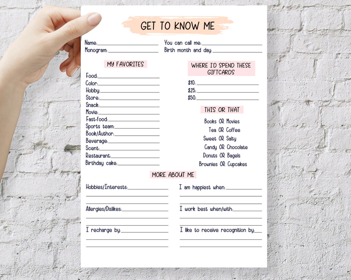 Coworker Questions Printable All About Me Employee - Etsy