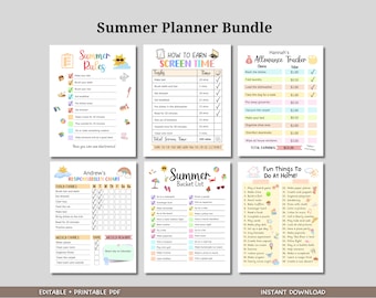 Editable Summer Planner Bundle Printable, Summer Chore Chart For Kids, Screentime Checklist, Bucket List, Allowance Tracker, Summer Activity