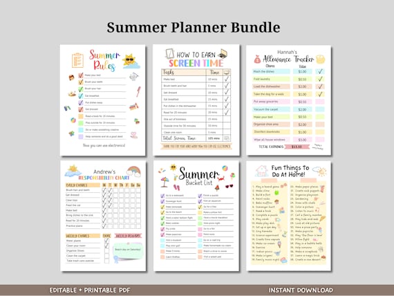 Editable Summer Planner Bundle Printable, Summer Chore Chart For Kids, Screentime Checklist, Bucket List, Allowance Tracker, Summer Activity