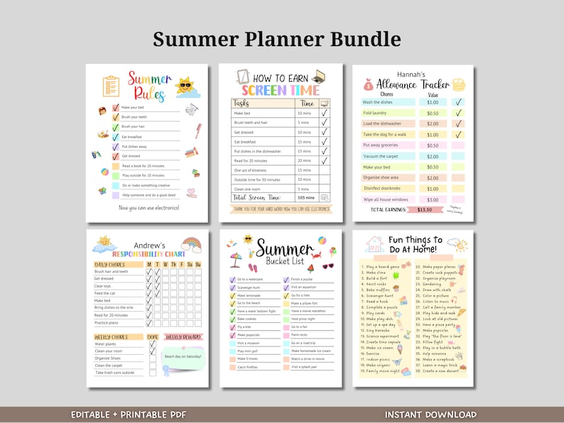 This summer planner bundle for kids is printable & an instant download. It is perfect to keep kids organized & a fun way for them to have opportunities to complete tasks, earn money or screentime & teach them the importance of working hard!