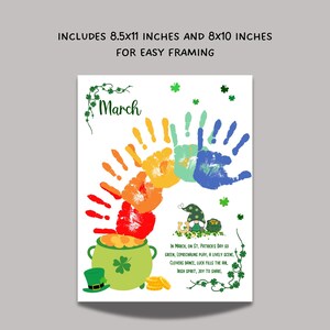 May include: A printable St. Patrick's Day handprint art project for kids. The design features a rainbow of handprints, a pot of gold, a leprechaun, and the text "March" and "In March, on St. Patrick's Day so green, leprechauns play, a lively scene, clovers dance, luck fills the air, Irish spirit, joy to share."
