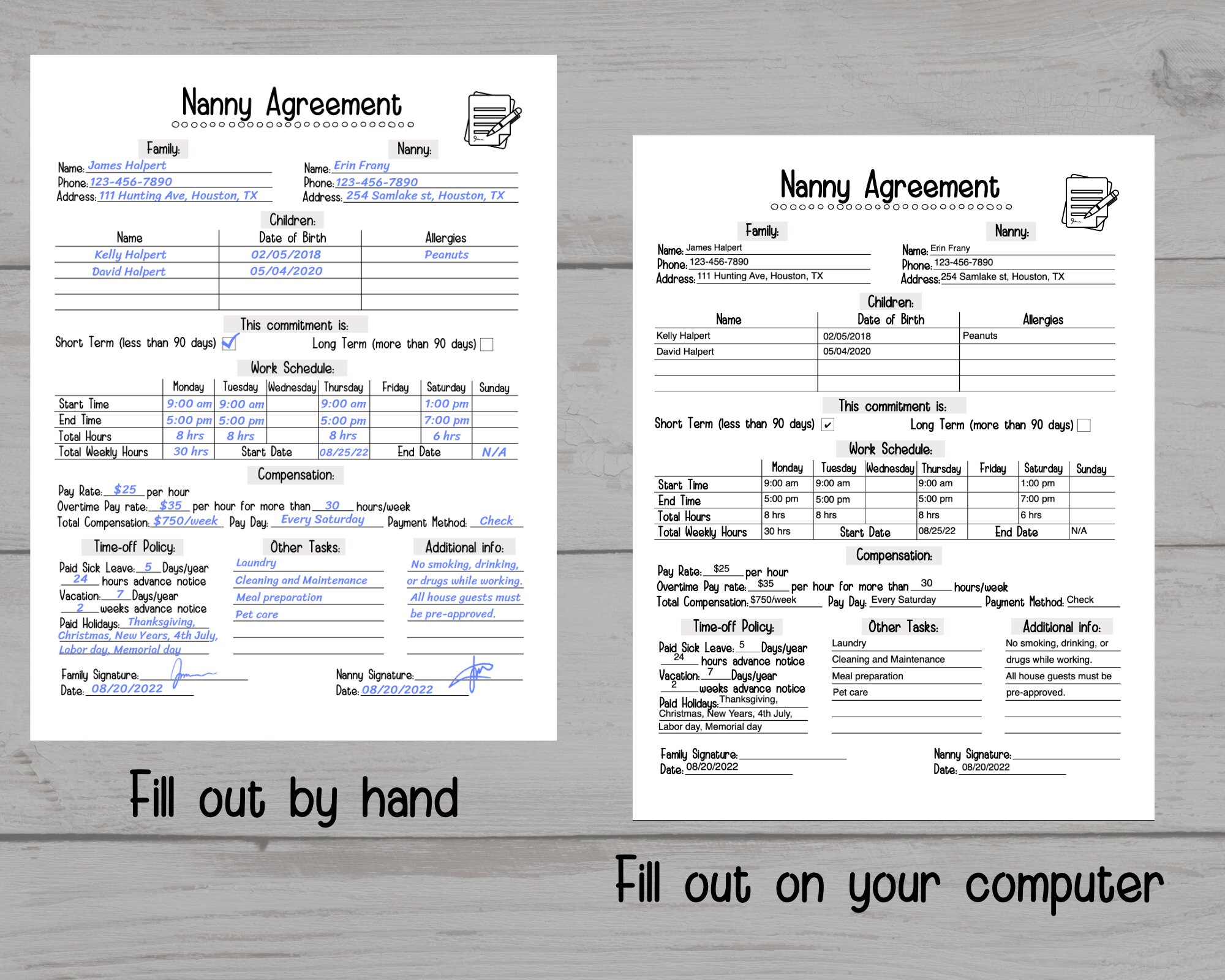 Nanny Agreement Worksheet Editable Printable Nanny Contract - Etsy