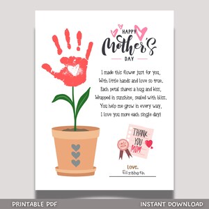 Mothers Day Handprint Poem Craft for Kids Printable, DIY Card Art Keepsake Personalized Birthday Gift for Mom Preschool Kindergarten Pre-K