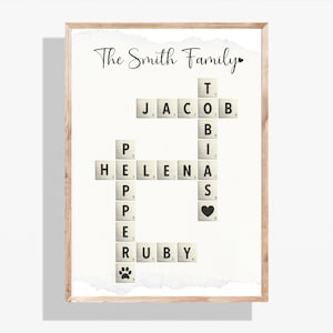 Personalized Family Name Poster Printable Custom Crossword Scrabble Letter Tile Puzzle Sign for Wife Mom Grandma Wall Art Decor Holiday Gift