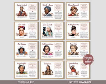May include: A set of 20 printable posters featuring illustrations of notable women throughout history. Each poster includes the woman's name, a brief biography, and a quote. The posters are designed in a vintage style with pink and white accents.