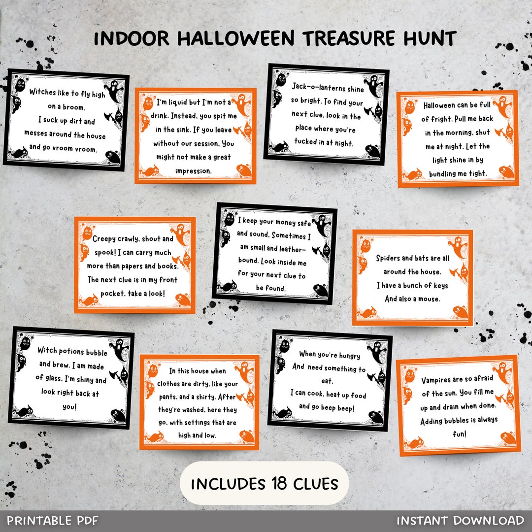 Indoor Halloween Scavenger Hunt for Kids, Halloween Treasure Hunt Clues ...