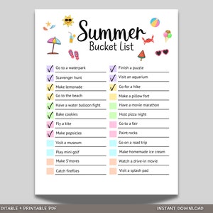 Summer Bucket List Printable, Editable Summer Break Template, Fun Summer To Do List Activities Checklist, Things To Do Checklist For Kids