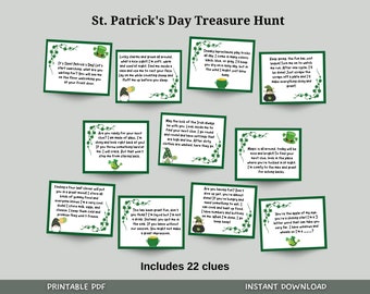 Afdrukbare St. Patrick's Day-speurtocht, St. Patrick's Day-schattenjacht-aanwijzingen, kabouterjacht, gezelschapsspel, binnenactiviteit voor kinderen