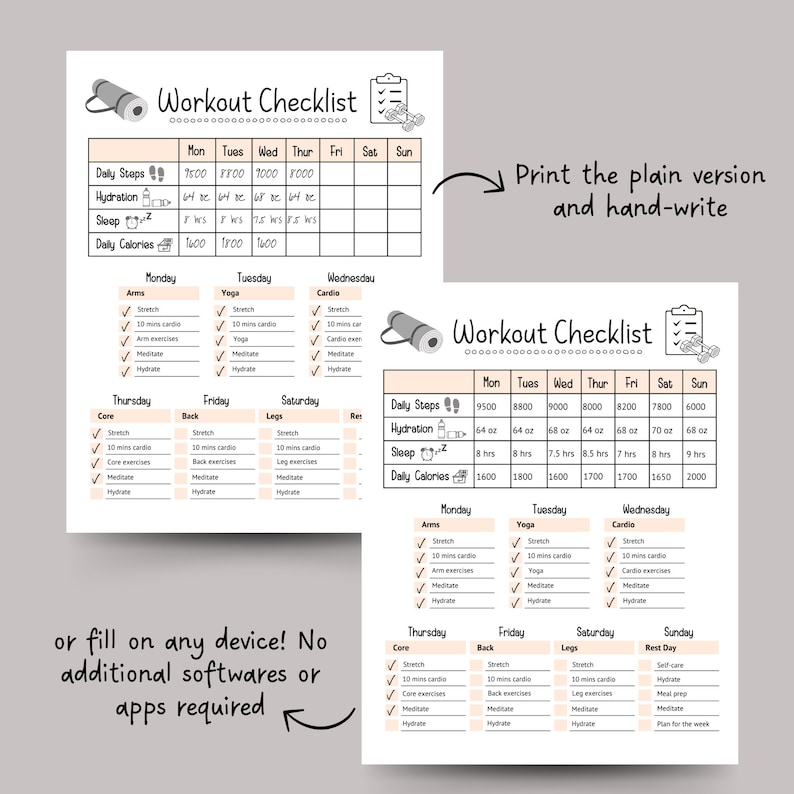 Puede incluir: Una lista de control de entrenamiento imprimible con un dise&ntilde;o en blanco y negro. La lista incluye pasos diarios, hidrataci&oacute;n, sue&ntilde;o, calor&iacute;as diarias y un plan de entrenamiento semanal con diferentes ejercicios para cada d&iacute;a. El texto en la lista incluye "Workout Checklist", "Daily Steps", "Hydration", "Sleep", "Daily Calories", "Monday", "Tuesday", "Wednesday", "Thursday", "Friday", "Saturday", "Sunday", "Arms", "Yoga", "Cardio", "Core", "Back", "Legs", "Rest Day", "Stretch", "10 mins cardio", "Arm exercises", "Meditate", "Hydrate", "Core exercises", "Back exercises", "Leg exercises", "Self-care", "Meal prep", "Plan for the week".