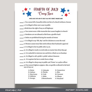 4th of July Crazy Laws Game Printable, Independence Day Party Ideas, Family Activity for Adults & Kids, Fourth of July Patriotic Quiz
