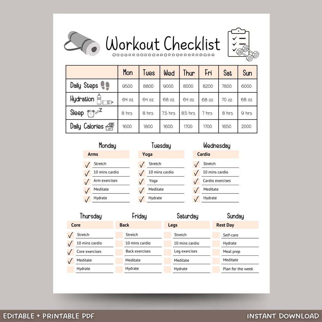 Workout Checklist Editable, Daily Workout Routine Chart, Simple Workout ...