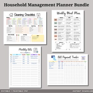 This editable & printable household management planner bundle is an instant download! Its great to make life easier by keeping track of bills & to keep tabs on everything home related! Includes 2 bill trackers, a cleaning checklist & meal planner.