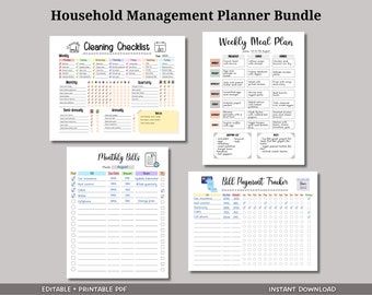 Household Planner Printable, Home Management Bundle, Editable Cleaning Schedule, Monthly Bill Tracker, Yearly Bills, Weekly Meal Planner