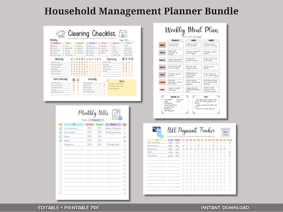 Household Planner Printable, Home Management Bundle, Editable Cleaning Schedule, Monthly Bill Tracker, Yearly Bills, Weekly Meal Planner