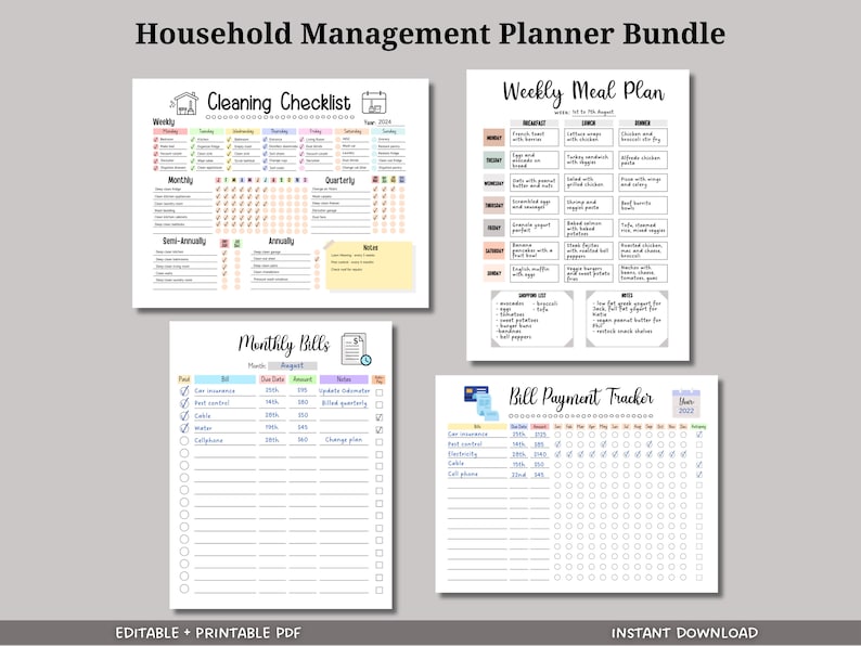 This editable & printable household management planner bundle is an instant download! Its great to make life easier by keeping track of bills & to keep tabs on everything home related! Includes 2 bill trackers, a cleaning checklist & meal planner.