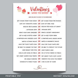 Valentine&#39;s Day Would You Rather Game Printable, This or That Game, Galentine&#39;s Day Fun Party Game, Valentines Activity for Adults & Kids